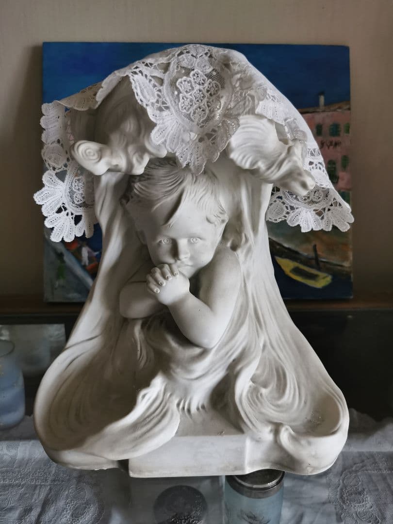 ブリュッセルレース＆アンティークフランス 大型素焼きビスク彫像塑像 少年の祈り