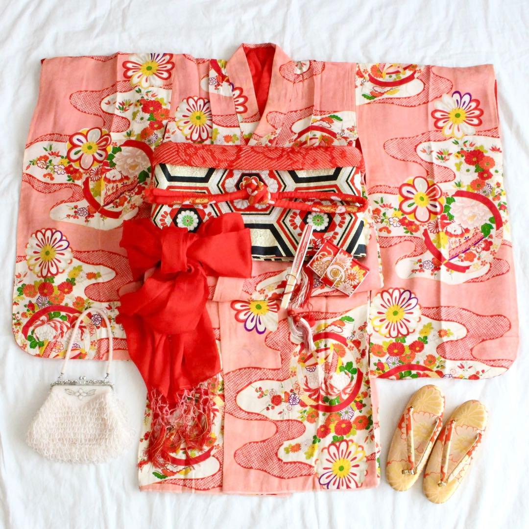 七五三 7歳 女の子 子供 アンティーク 着物 帯 ビーズバッグ セット