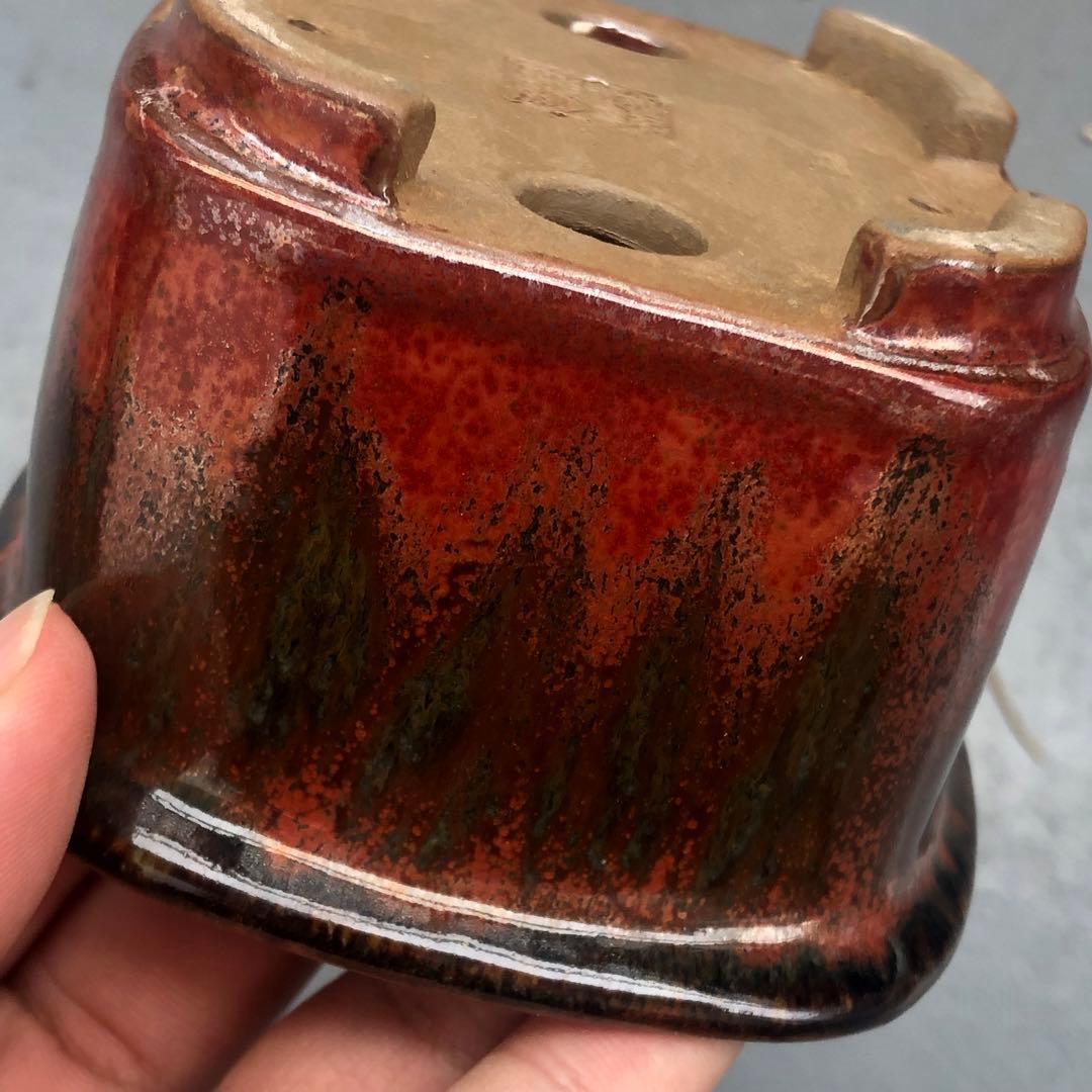 380.林盆華 赤鉄釉撫角長方 11.3*9.2*6cm 盆栽鉢 植木鉢