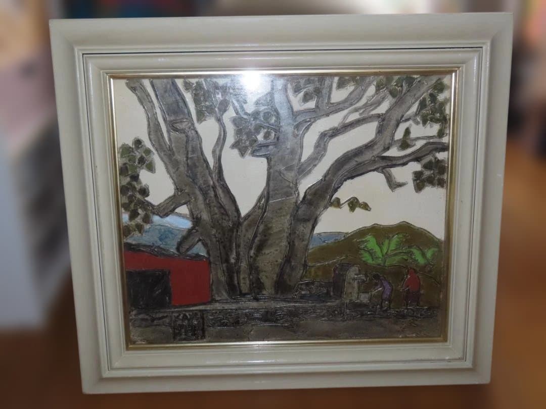 真作 熊谷榧 「パーパルの木の下で」 肉筆油彩　F8号 1987年制作