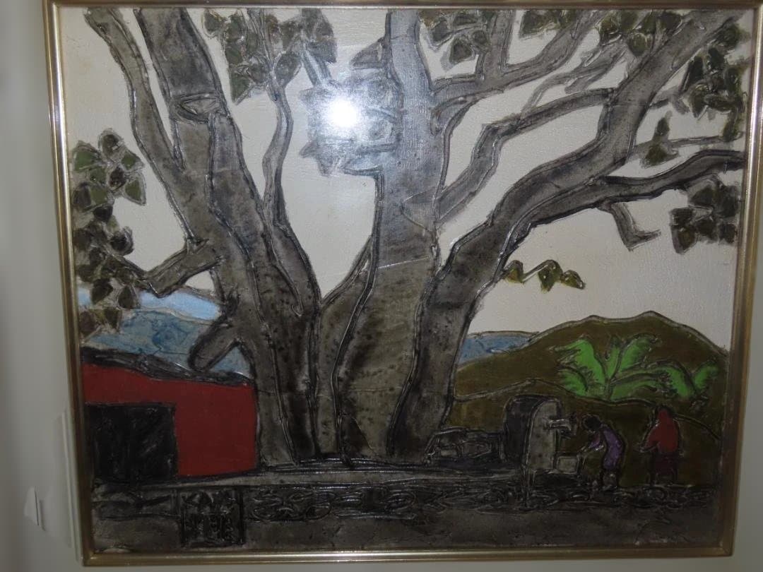 真作 熊谷榧 「パーパルの木の下で」 肉筆油彩　F8号 1987年制作