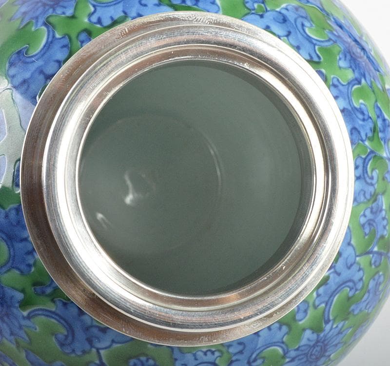 茶道具　有田焼　館林源右衛門　緑彩　唐草文　錫口　茶壺　共箱　F　R4621