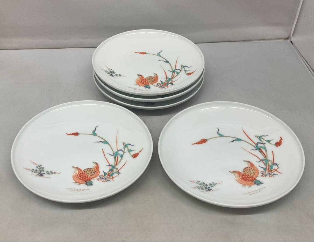 B489b「錦 粟鶉文　皿」5枚　十三代酒井田柿右衛門作　共箱　銘々皿　茶道具