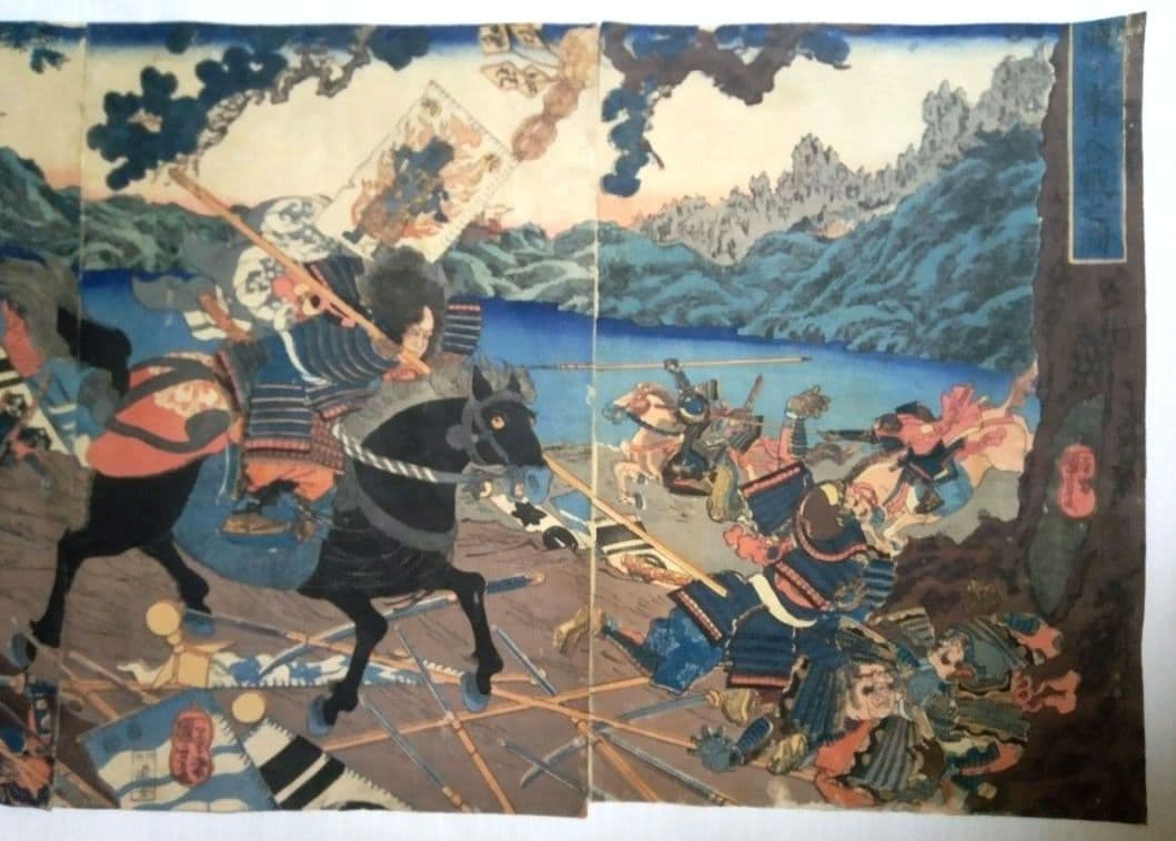 浮世絵、賤ケ峯合戦之圖三枚綴り、一勇斎国芳画(歌川国芳)補修多くジャンク品扱い