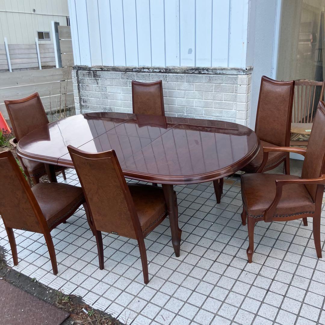 ①昭和レトロ マルニ 木製オーバル 伸縮式ダイニングテーブル 楕円形アンティーク