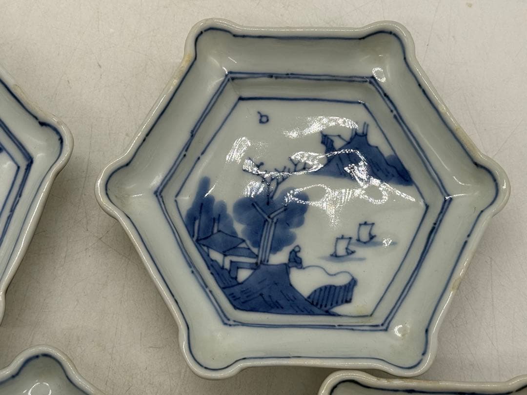 古染　染付山水人物紋角皿5点　古渡　送料込み251108