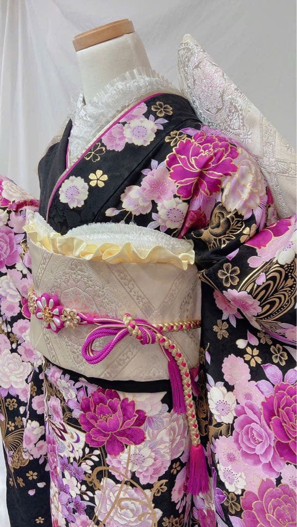 黒地 バラ柄　振袖 成人式　振袖7点セット　振袖フルセット　成人式