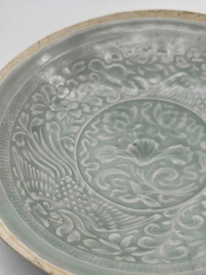 北宋時代　青白磁牡丹鳳凰文盤　茶皿　茶鉢　景徳鎮　影青　唐物(B-98)