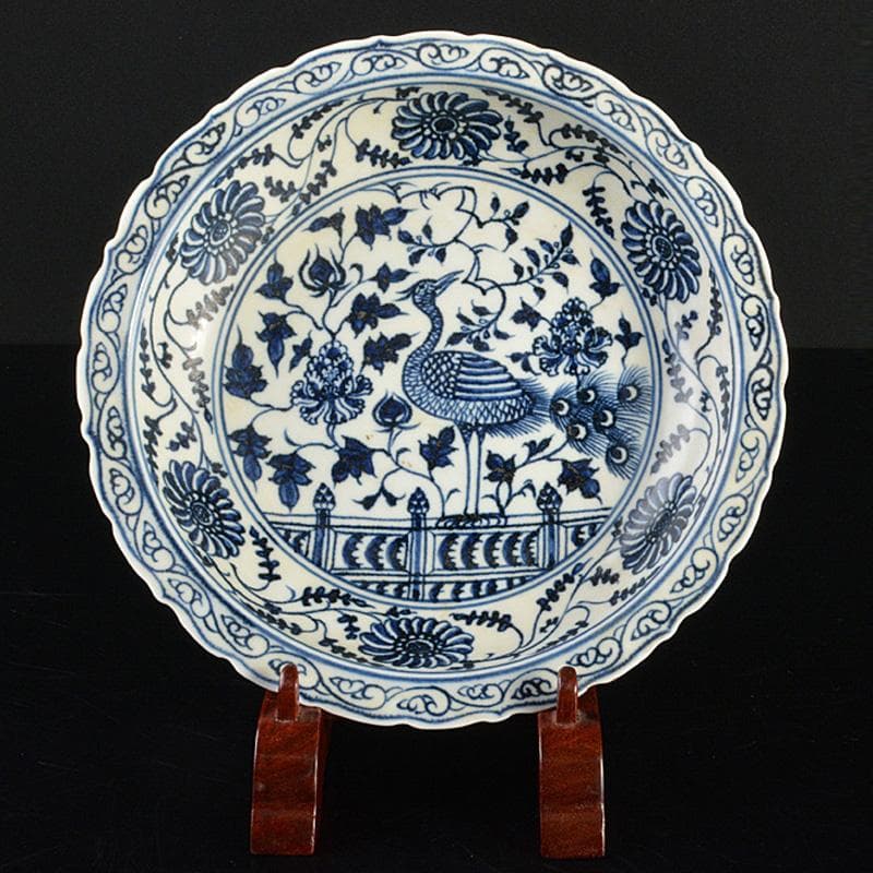 中国　青花　鳥纏枝花卉文盤　V　R6802E