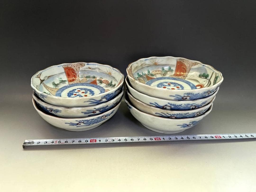 皿■伊万里赤絵膾鉢 なます皿 7客（明治期）山城 松竹梅 手描き印判 蛇の目高台