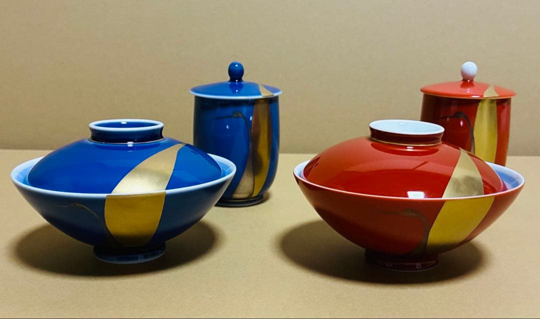 【新品】有田焼　深川製磁　睦揃　夫婦鶴　夫婦蓋付茶碗、蓋付湯呑 各2個　木箱入り