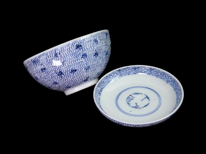 古伊万里　染付　微塵唐草の図　蓋茶碗　２客　C556AS-CWk