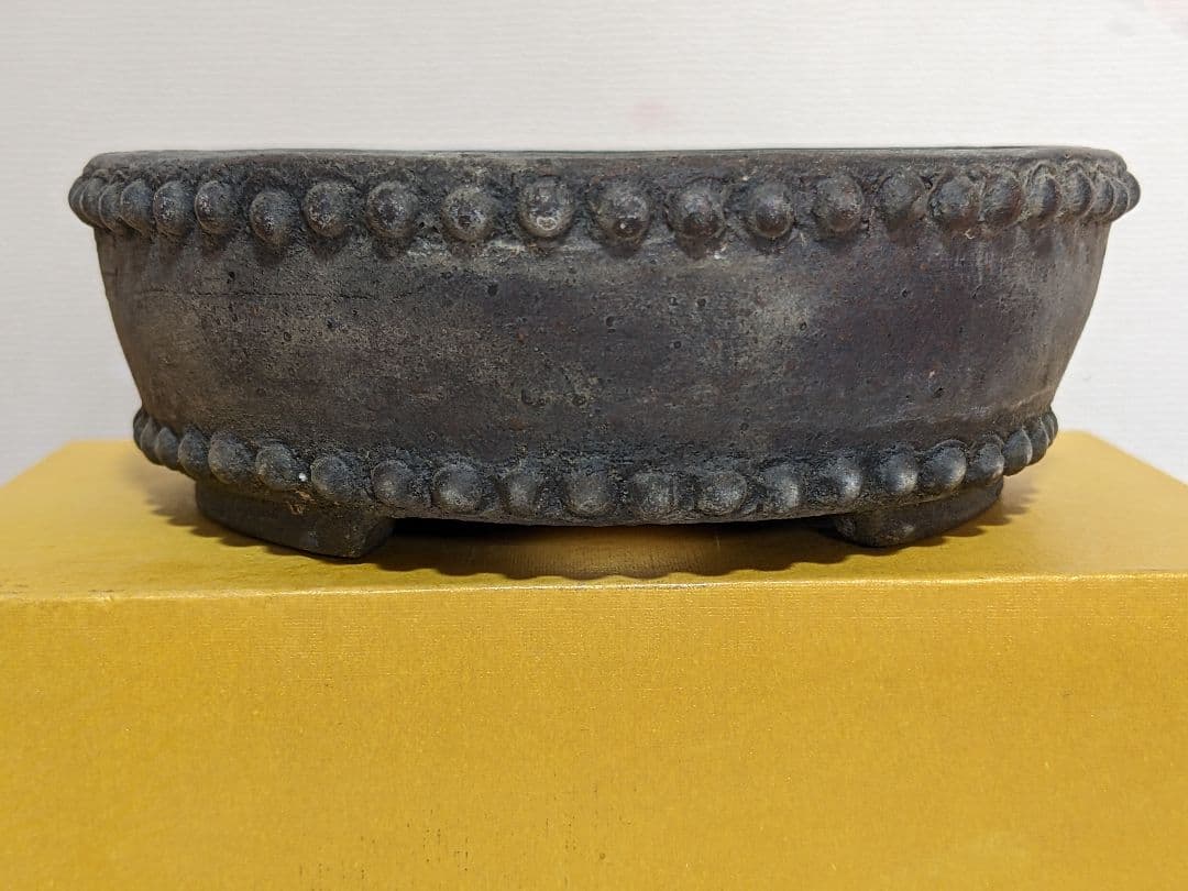 ♦小品盆栽鉢 富舟作 鋲打ち三足丸鉢ミニ盆栽鉢 コレクション 骨董品