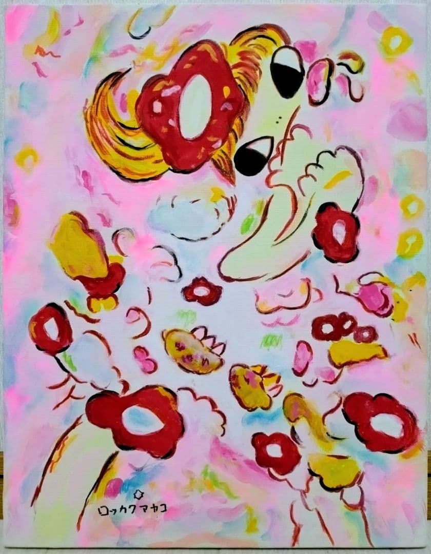 【F6号】ロッカクアヤコ　手描き作品/表裏サイン・裏描き有/油彩/アクリル/額縁