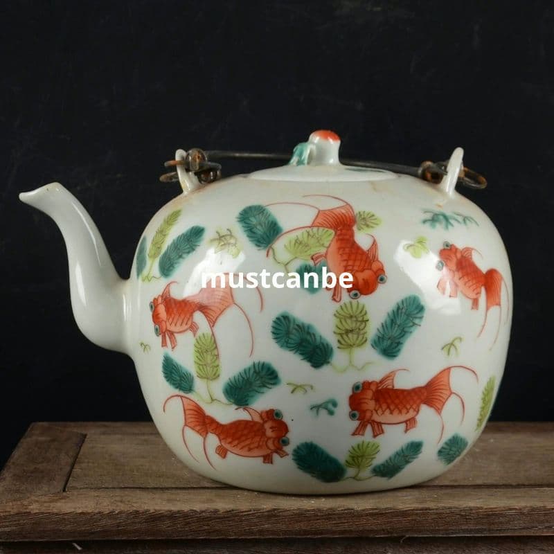 手画パステル金魚壺 提梁壺 茶壺 景徳鎮 陶磁器 煎茶器 現代工芸品 置物