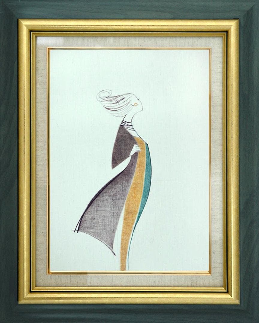 油絵 菅家令子 絵 絵画インテリア額付(青緑＋金色の枠) F4-080814女性