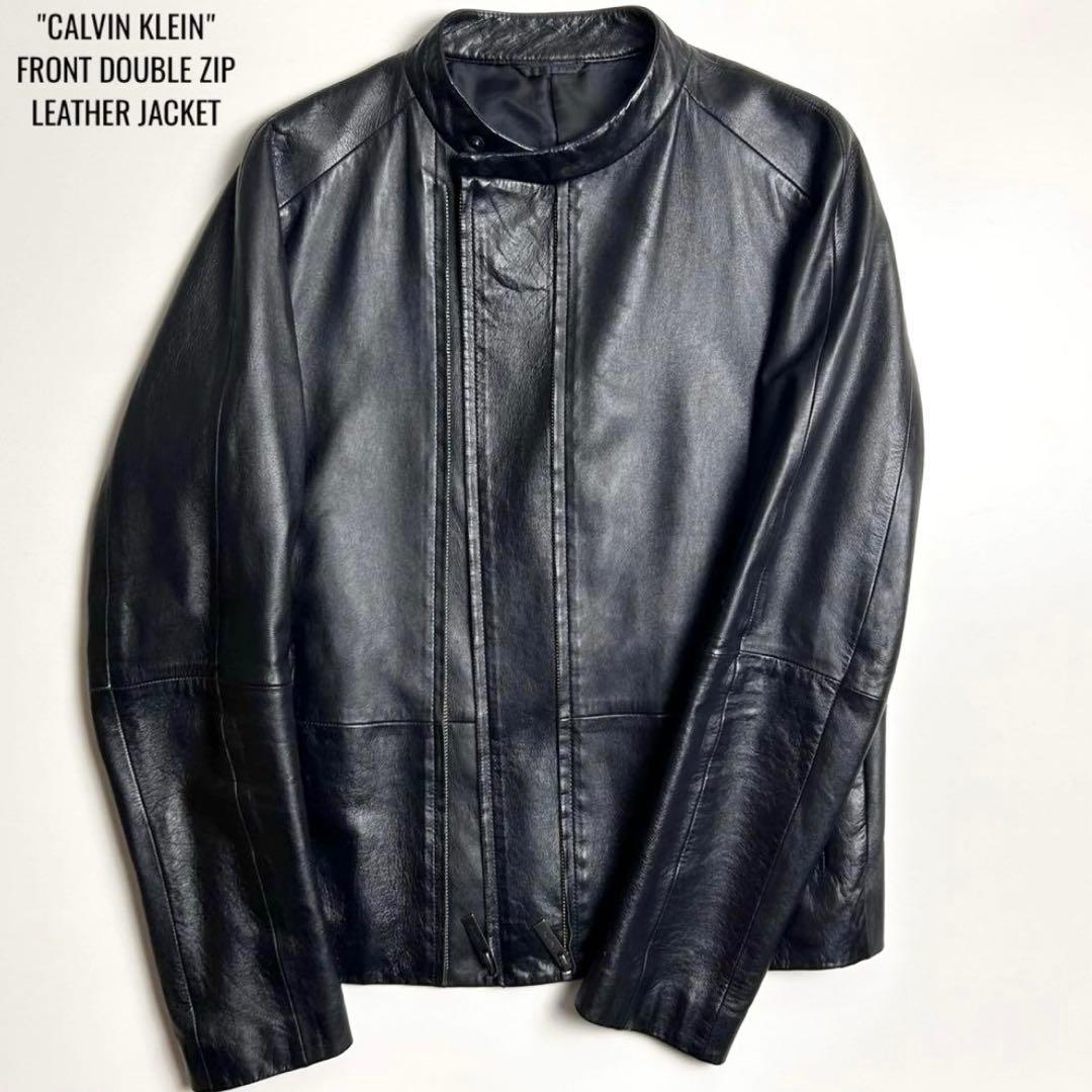 【美品】カルバンクライン/フロントダブルジップレザージャケット/ライダース/羊革