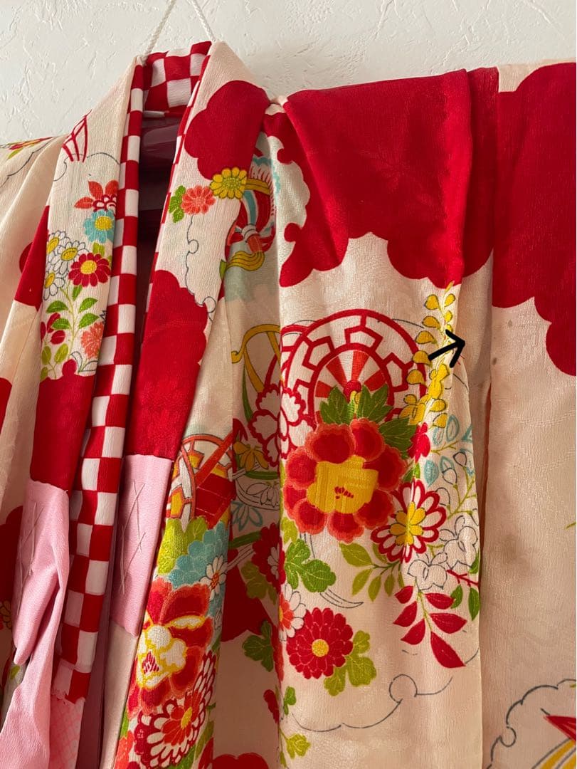 七五三　3歳　正絹　アンティークお着物セット　総絞り被布　ハンドメイド　巾着