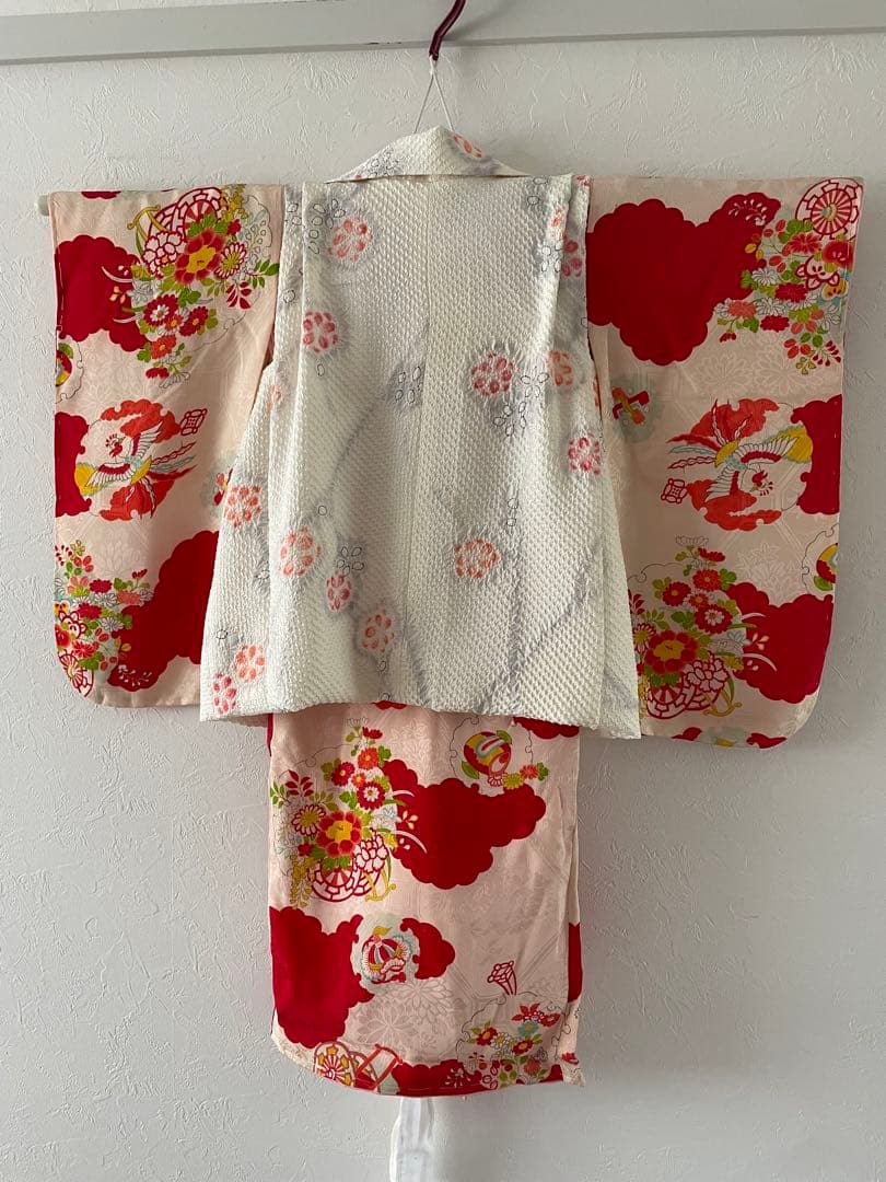 七五三　3歳　正絹　アンティークお着物セット　総絞り被布　ハンドメイド　巾着