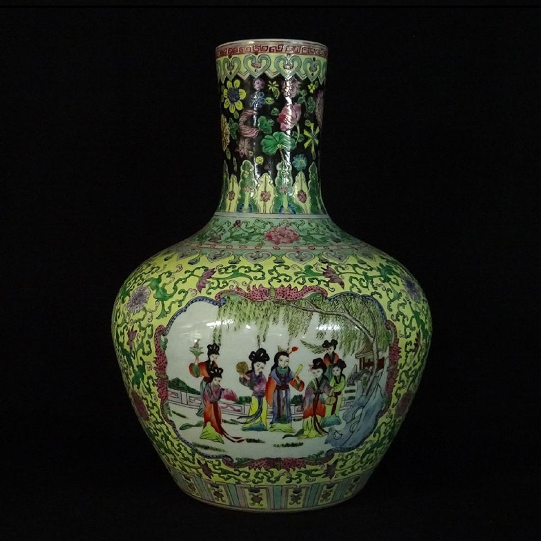 中国古玩 粉彩 天球瓶 大花瓶 高約52cm 時代物 唐物 x031135