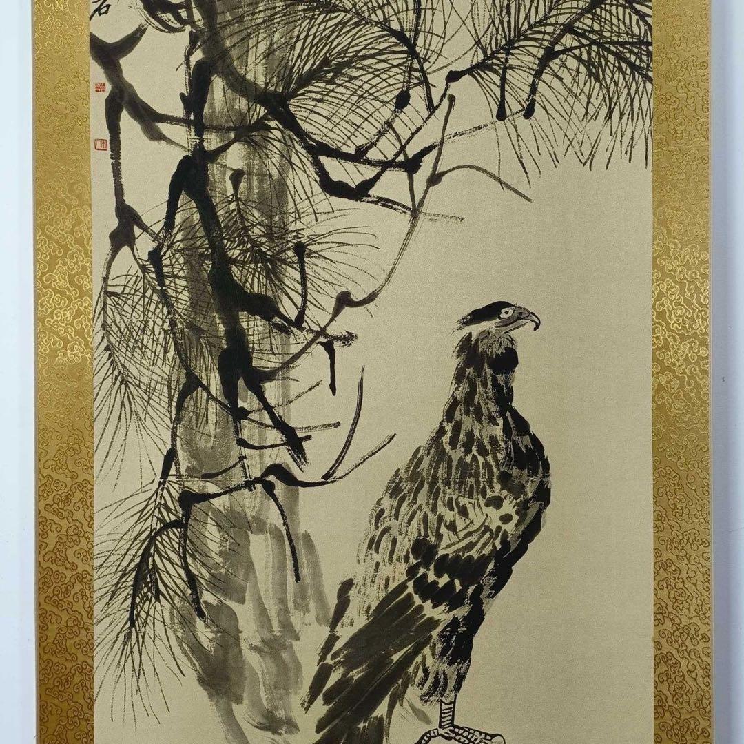 齊白石《倚鷹図》 中堂掛軸　防偽ラベル付き　77×175cm