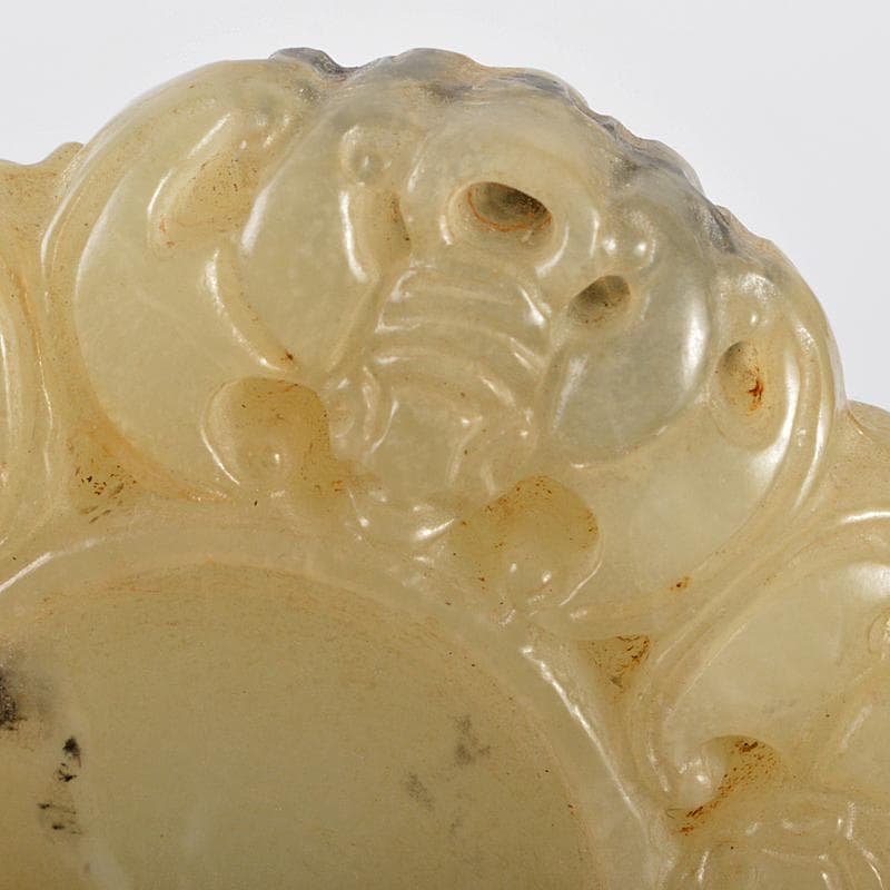 中国　玉石白玉彫刻　蝙蝠刻　玉器　玉壁　玉飾　玉珮　時代箱付　M　R5495