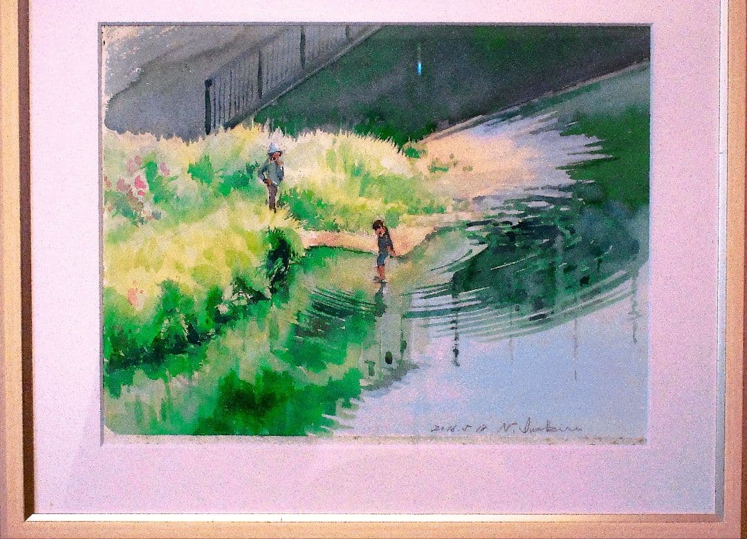 水面の波紋-水彩画-額縁付き