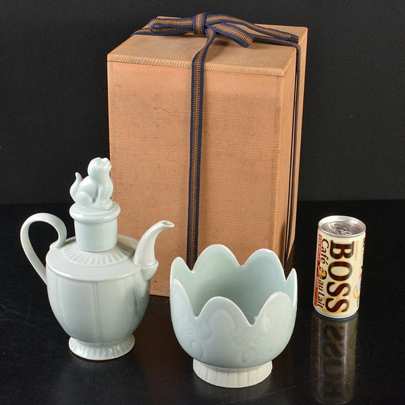 中国　影青　神獣摘　執壷　水注　輪花鉢　2点まとめて　時代箱付　M　R6422B