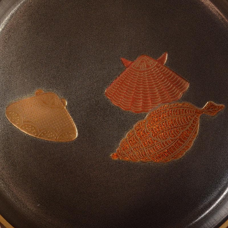 山中塗　辻石斎造　波に貝蒔絵　大棗　共布　宗左(而妙斎)極め箱　F　R6886