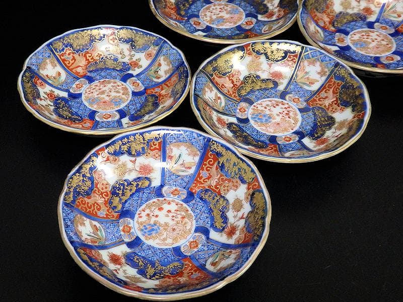 古伊万里　金襴手　百花繚乱　花鳥紋の図　４寸皿　５枚　D511AS-favu