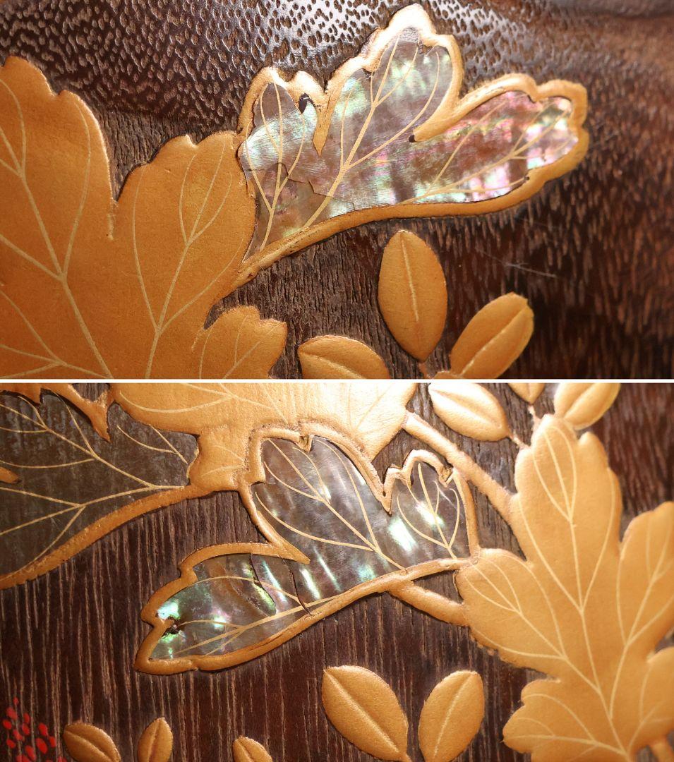 花鳥蒔絵 螺鈿細工 桐火鉢 幅30.7cm 高20cm 金蒔絵 草花【MB69