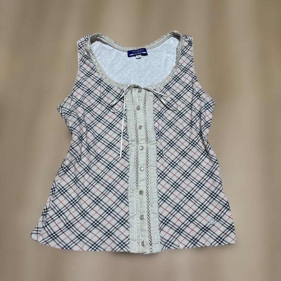 バーバリーブルーレーベル ノバチェック リボン レース タンクトップ Y2K