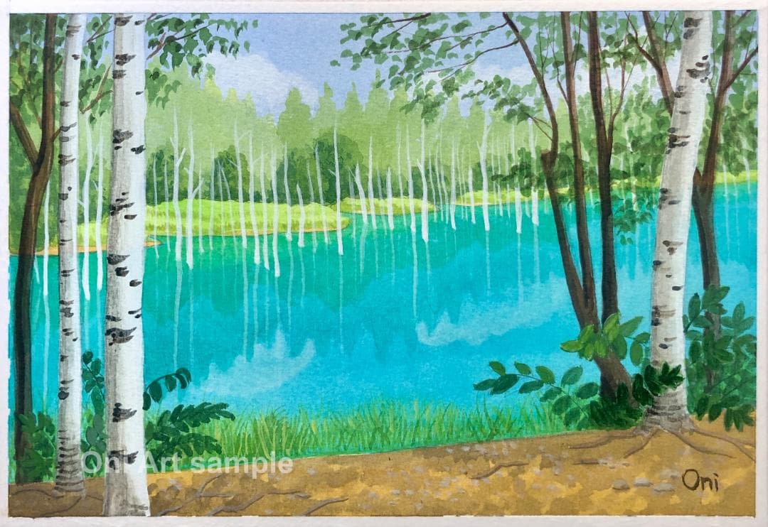 アクリル画　原画　「美瑛・青い池03」額縁付　SMサイズ　風景画
