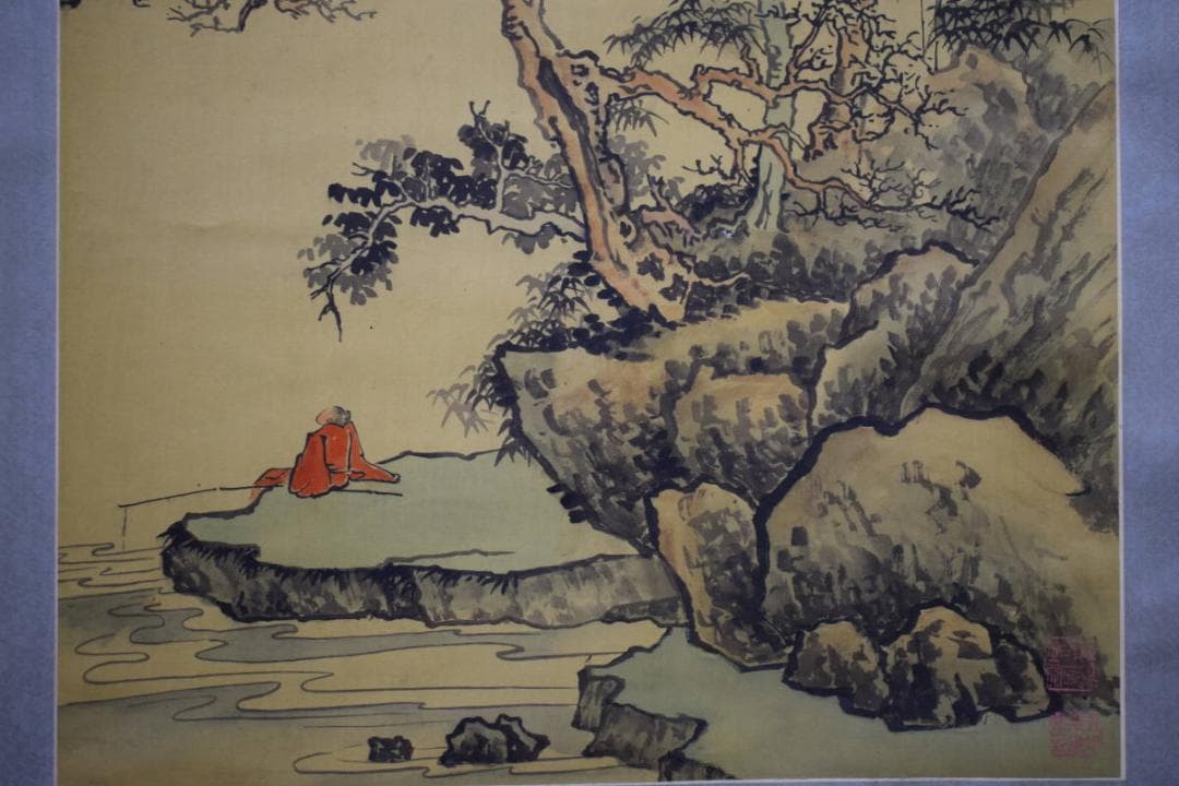 真作/鶴潤/秋江幽釣図/山水釣人物図/布袋屋掛軸HE-112