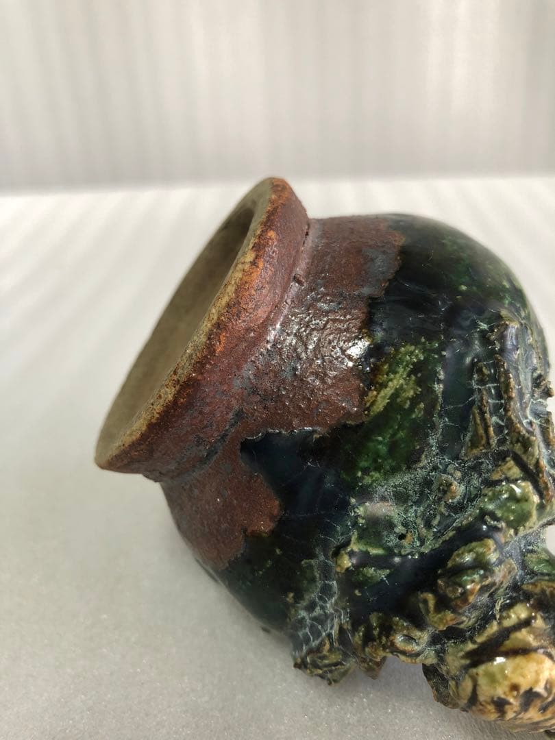 フクロウ 古織部焼 古美術 工芸品 花器 高さ約8cm 置物 インテリア