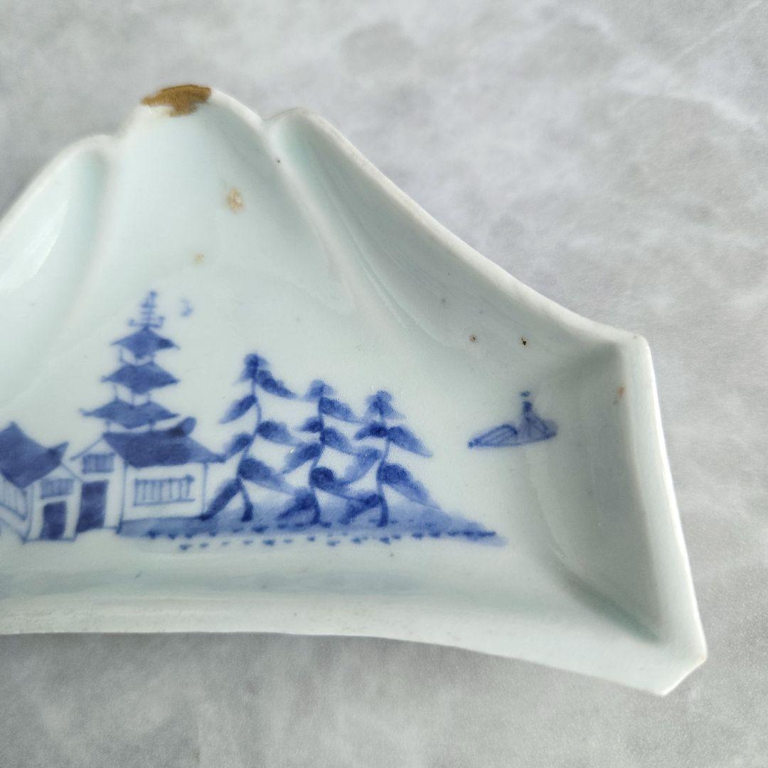 古伊万里　染付　変形小皿　富士山　江戸時代　三重の塔　骨董　金継ぎ　アンティーク