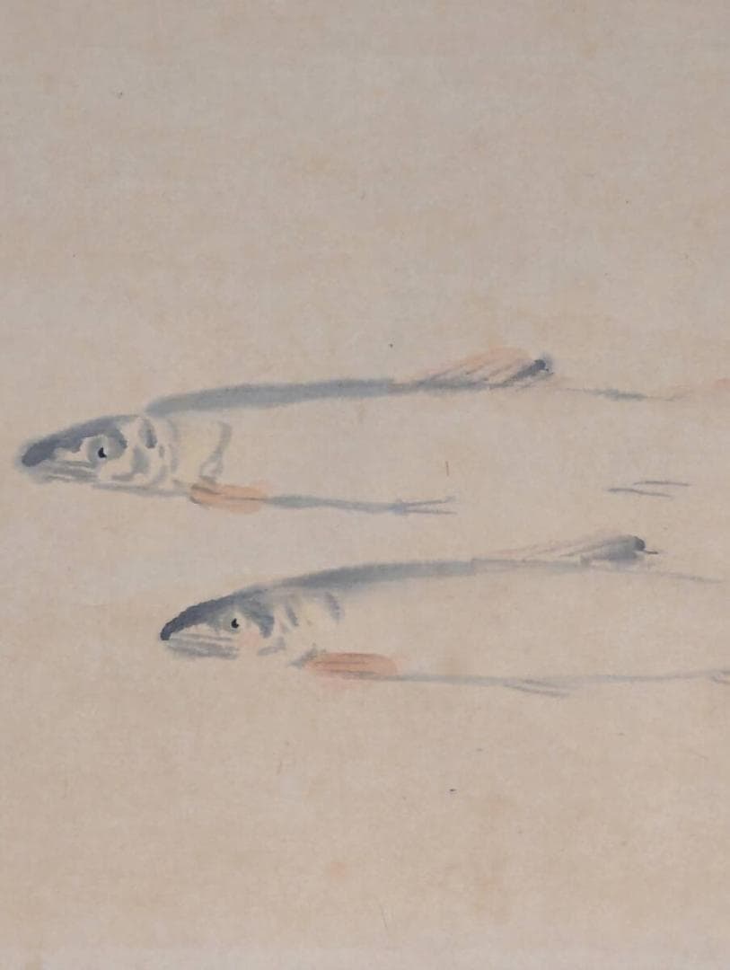 【真作】掛軸　三尾の小魚図　洒脱な筆遣い　淡彩魚図　素朴な味わい　T110