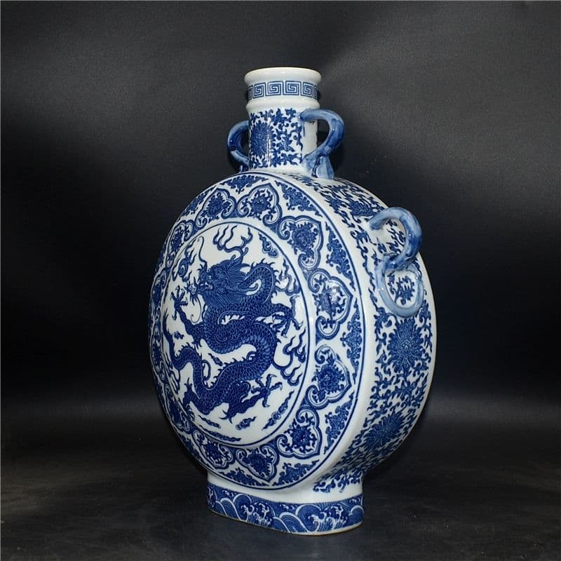 清乾隆青花開窓龍鳳呈祥福寿抱月瓶 景徳鎮 陶磁器 装飾品 現代工芸品美術品 置物