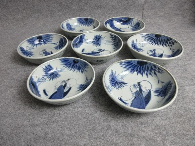 古伊万里染付竹林の賢人図しゅんかん皿7枚 [B25615]
