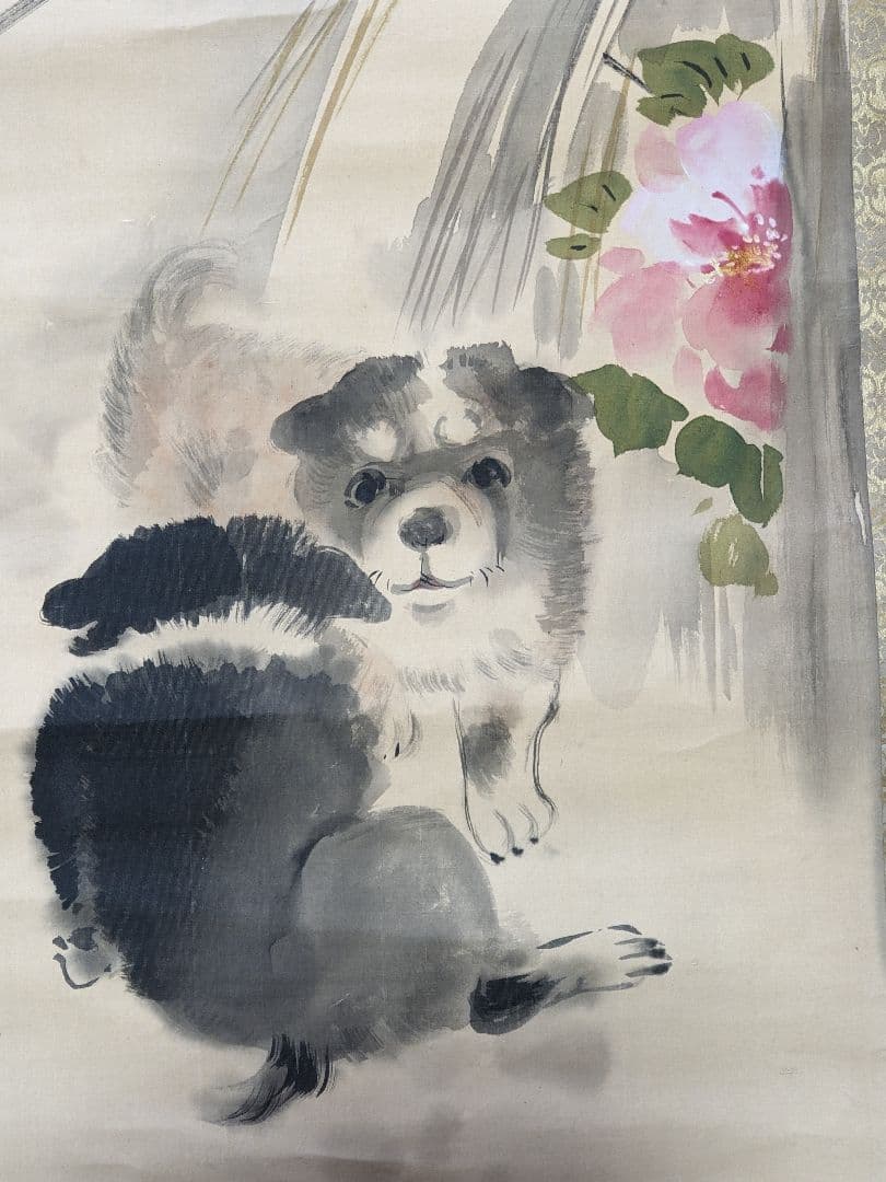 ♦犬と椿図 絹本水墨画 墨彩画 掛け軸？円山派 明治時代 鹿角古美術骨董品