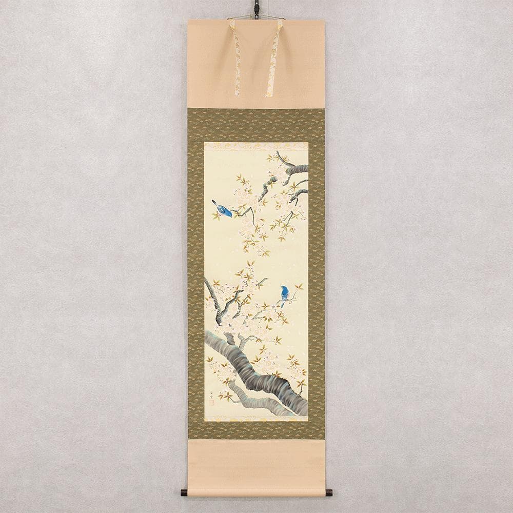 掛軸 日本画 小木曽祥雲「桜に小鳥」共箱 東洋美術会会員