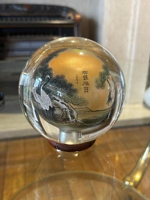 【中古品】内画水晶玉 ガラス玉 鶴