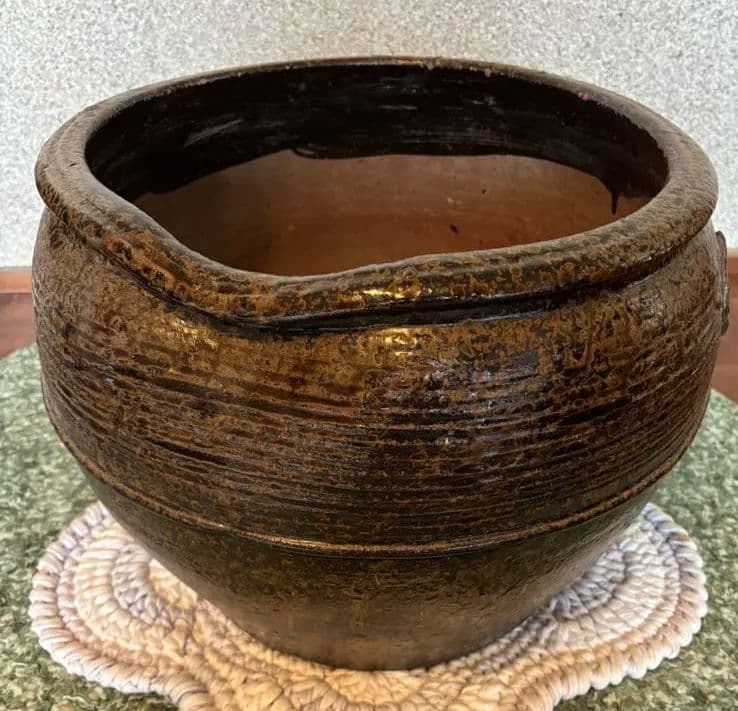 丹波焼　灰釉印花文甕　水差し花生け　骨董品アンティーク