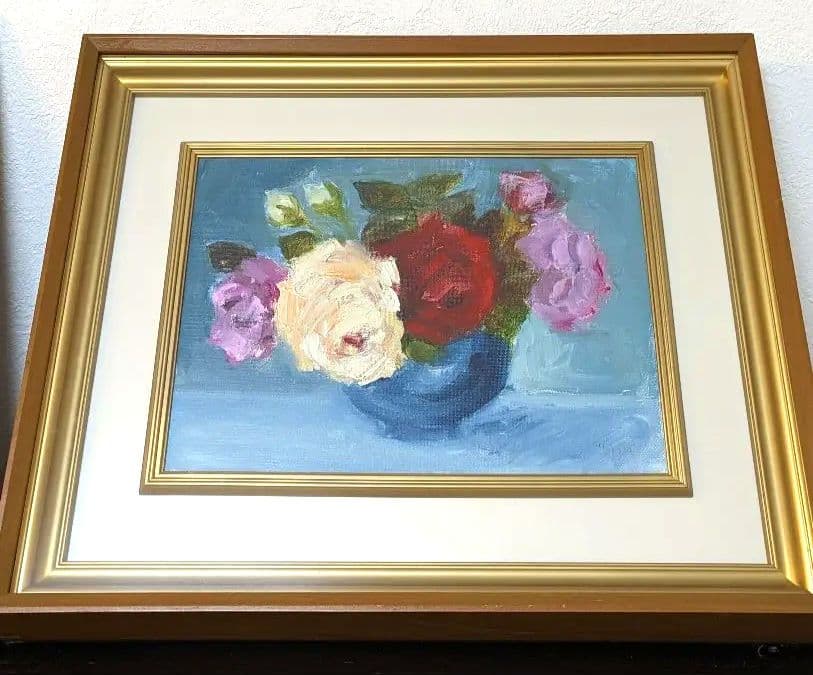 薔薇の油絵　額つき　縦42vm横51cm幅5cm