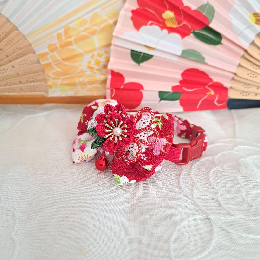 つまみ細工ダブルリボン(赤②)わんちゃん猫ちゃん用首輪