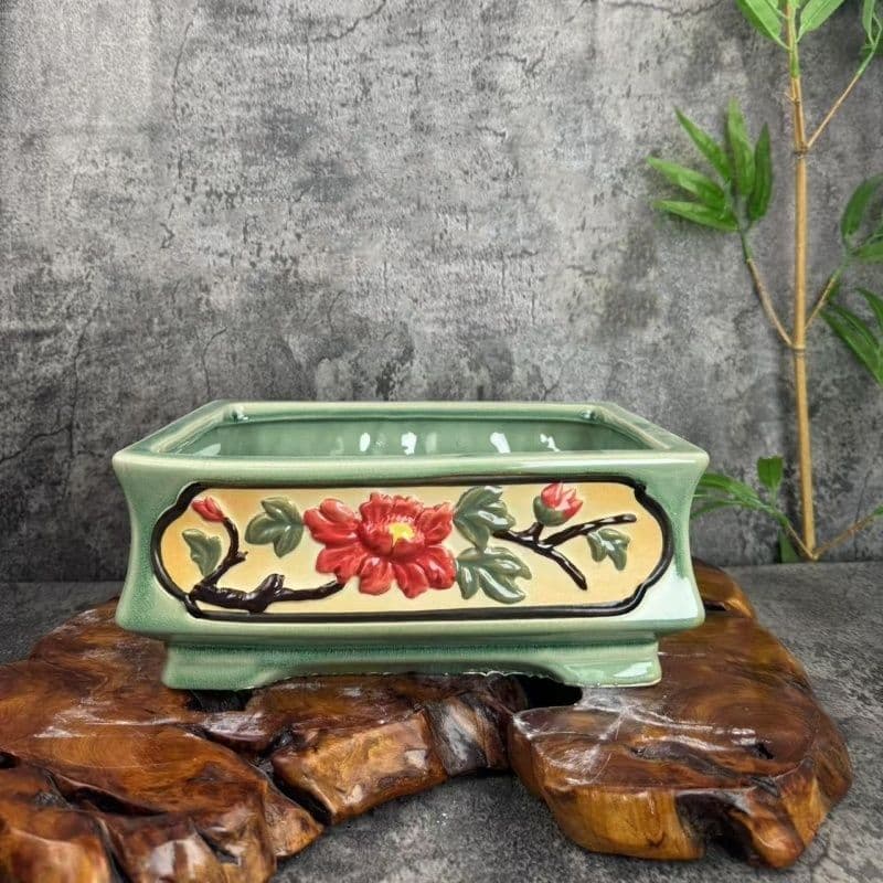 レリーフ彩花鉢 盆栽鉢 磁鉢山野草鉢 多肉植物 植木鉢 小品大品盆栽鉢陶器鉢置物