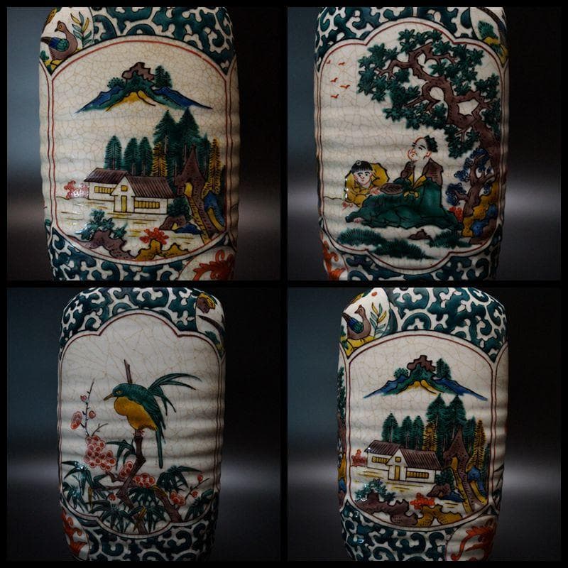 明治期 青九谷  楼閣山水人物花鳥図 花瓶