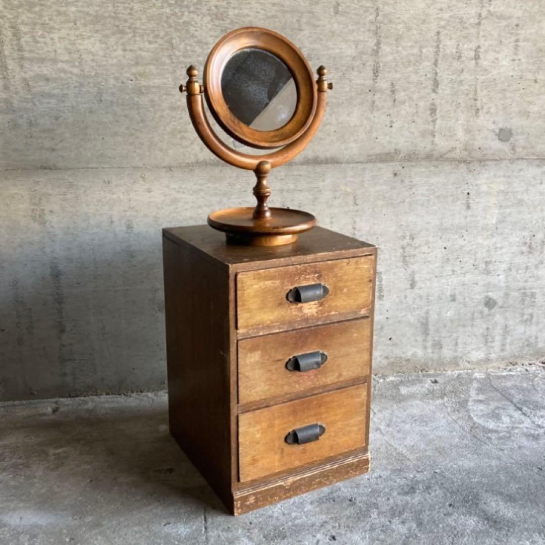 古い味のある卓上鏡 鏡台 ミラー 木製 回転式 丸型 民藝 レトロ ヴィンテージ