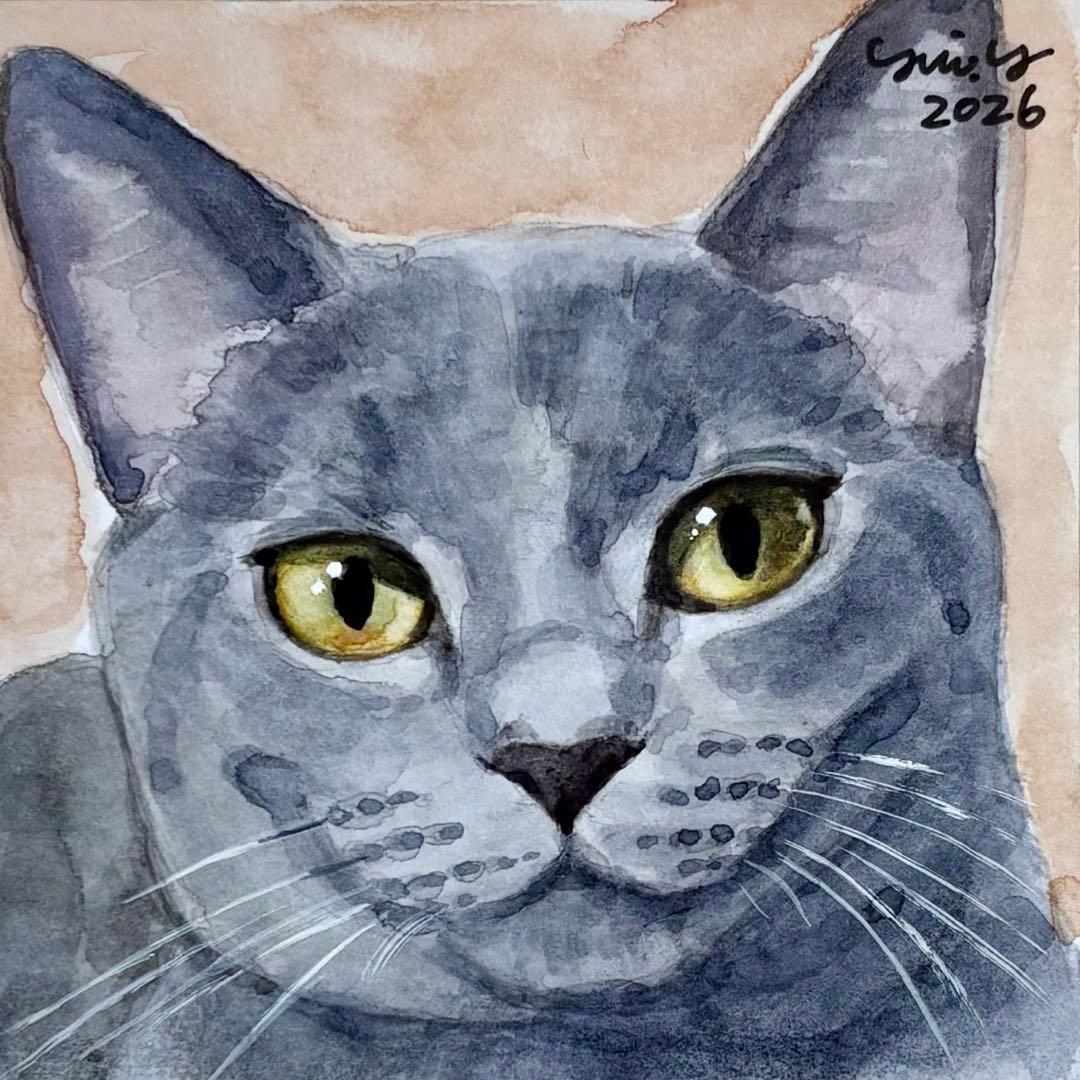 猫の絵 403 水彩画 原画 ミニ色紙 豆色紙 グレー猫