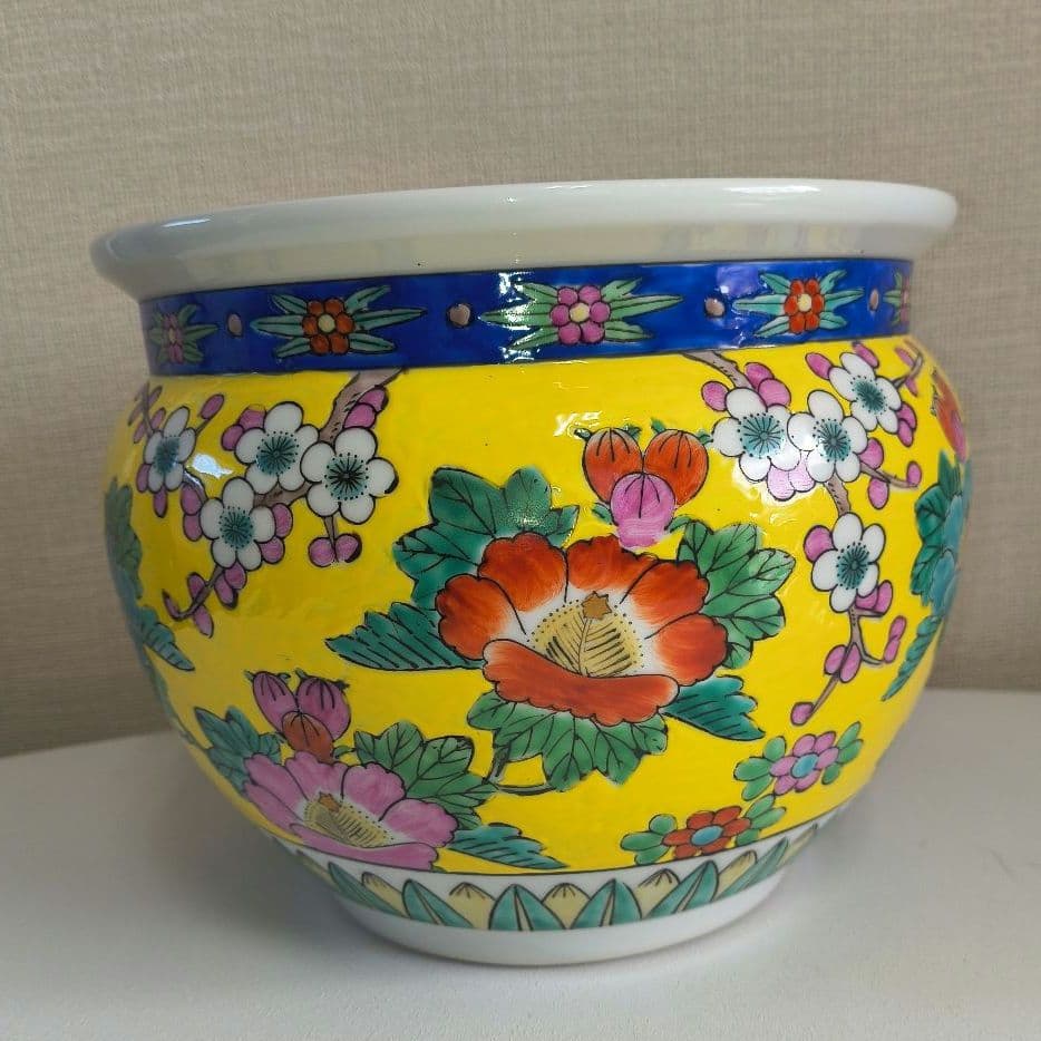 手描き鉢　鳥と花柄　黄色　置物　美術品　アンティーク　珍品　昭和レトロ　睡蓮鉢